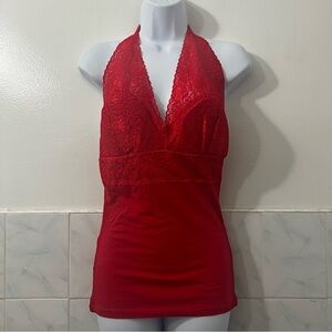 90s Y2K Babydoll Cami Tank Halter Sz Large Lace Coquette Whimsigoth Sexy Vamp